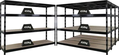 Zdjęcie produktu dla Mega Deal | 4x profesjonalne regały do dużych obciążeń Rhino | wys. x szer. x gł. 180x240x60 cm | 4 poziomy płyty wiórowej 8 mm | obciążenie półki 450 kg | czarny