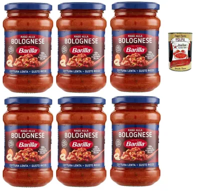 Produktbild von Barilla Ragù alla Bolognese – 6 x 300 g (1,8 kg) | Tomate & Fleisch aus italienischer Aufzucht, langsam gekocht – servierfertige Pastasauce für Pasta & Lasagne + Italian Gourmet polpa