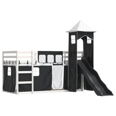 Produktbild von Etagenbett mit Rutsche und Gardinen Weiß und Schwarz 90x200 cm
