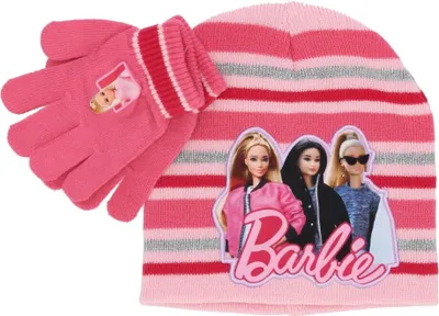 Zdjęcie produktu dla Zestaw zimowy Barbie czapka i rękawiczki dla małych fashionistek Różowy