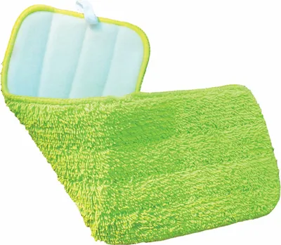 A green microfiber mop pad with a light blue insert and yellow trim, shown against a white background.