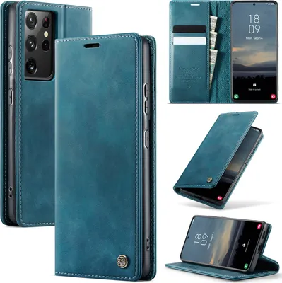 Immagine prodotto di Custodia in pelle per Samsung Galaxy S21 Ultra 5G, protezione RFID, chiusura magnetica, slot per carte e funzione stand Blu