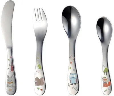 Produktbild von Kinderessenset mit lustigen Motiven, 4-teilig, kinderfreundliches Vorspeisen- und Löffelset