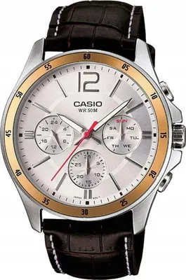 A close-up studio shot of a men's Casio watch with a silver dial, gold bezel, and black leather strap.