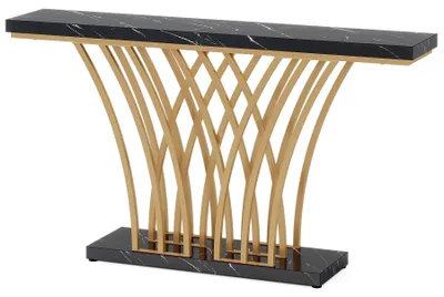 Obrázek produktu pro Konzole do předsíně – moderní kovový odkládací stolek – obdélníkový 150 × 30 × 80 cm – mřížkovaná konstrukce – úzký stolek do předsíně – černá a zlatá