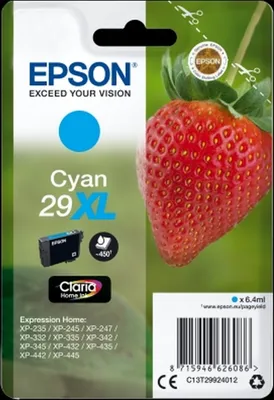 Image de Epson Strawberry Singlepack Cyan 29XL Claria Home Ink, Haut rendement (XL), Cyan, 6.4 ml, 1 pce, 450 pgs.