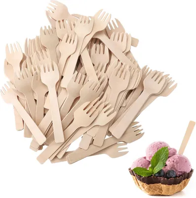 Produktbild von Einweggabeln Holz Besteck 300 Stück, Natürlich Birkenholz, 10 cm, für Feierlichkeiten