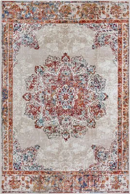 A top-down view of a rug with a central medallion design.