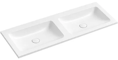 Imagen del producto de Lavabo doble de mármol artificial Amati, sin desbordamiento, color blanco mate, dimensiones: 121 x 46,7 cm