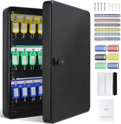 Image de Armoire de sécurité pour 48 clés, en acier, avec porte-clés, combinaison et serrure, rangées réglables, étiquettes de couleur et carte d'identification, idéale pour les écoles, les magasins ou les hôtels