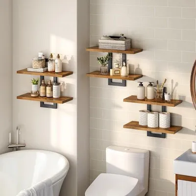 Image de Ensemble de 3 étagères murales flottantes Ibenzoa® – Marron vintage/Noir, panneaux de particules avec cadre métallique, capacité de charge jusqu'à 18 kg par étagère, polyvalentes pour le salon, la chambre et la cuisine