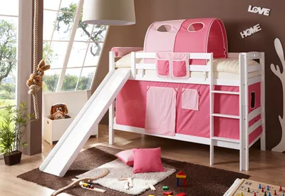 Produktbild von Etagenbett mit Rutsche "Lupo" Buche massiv Weiß (Rosa-Pink 2-teilig)