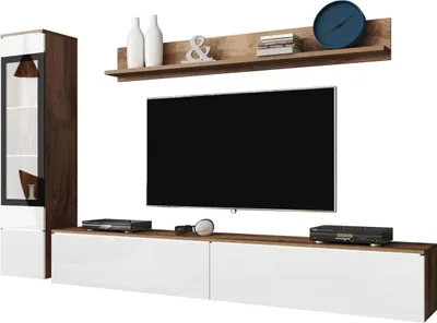 Produktbild von MIRJAN24 Wohnwand Vera I, Stilvoll Wohnzimmer-Set, TV-Schrank, Modern Mediawand (Wotan / Weiß Hochglanz, mit Beleuchtung)