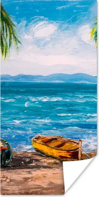 Produktbild von MuchoWow® Poster Gemälde - Öl auf Leinwand - Strand - Palme - Boot 60x120 cm - Wandschmuck