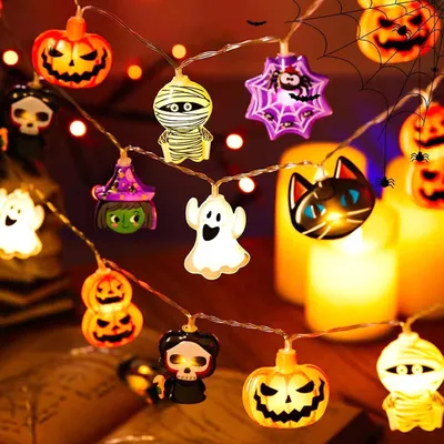 Obrázek produktu pro Dýňové světelné řetězy ve tvaru duchů, délka 3 metry - Sada 20 kusů - Světelné dekorace na Halloween
