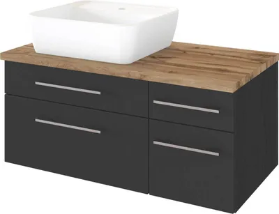 Produktbild von Waschtisch-Unterschrank 90 cm mit Siphonausschnitt Links inkl. Keramik Waschbecken TAREE-03 in matt grau, B/H/T: 90/55/47 cm