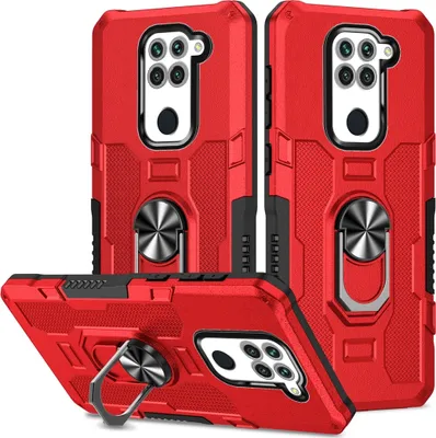 Produktbild von Redmi Note 9 Hülle, Dual Layer Robuste Rüstung Ringhalter Ständer Schutzhülle für Xiaomi Redmi Note 9 Rot
