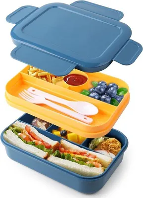 Immagine prodotto di Contenitore per alimenti Famanu, impilabile, capacità 2000 ml, 8 scomparti, lunch box a prova di perdite, con contenitore integrato per salse, adatto al microonde e alla lavastoviglie, colore blu