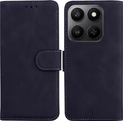 A dark blue flip case for a smartphone, shown open with the phone's rear camera module visible.
