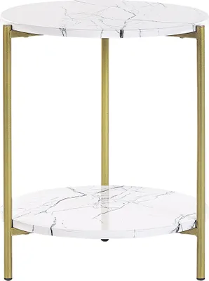 Produktbild von BELIANI Beistelltisch Weiß MDF-Platte Marmor Optik Rund 40 cm mit Goldenem Metallgestell Regal Modern Glamour Stil Sofatisch Wohnzimmer Salon Möbel