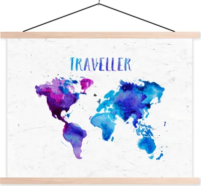 Produktbild von MuchoWow® Textilposter Karte - Aquarellfarbe - Text 150x113 cm mit holzfarbenen Rahmen - Poster