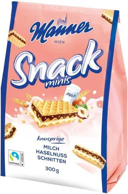 Produktbild von Manner Snack Minis Waffeln mit Milch Haselnuss Füllung 300g