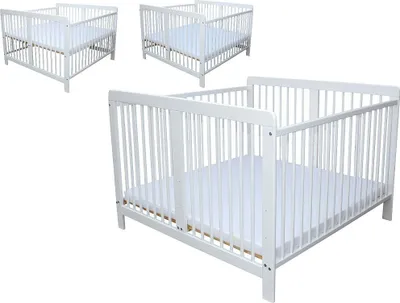Produktbild von Zwillingsbett Zwillingskinderbett Kinderbett für Zwillinge massiv weiss mit 2 Matratzen 120x120cm + Nestchen blau