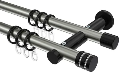 Produktbild von Interdeco Gardinenstange / Vorhangstange Edelstahl-Optik / Schwarz, Typ Platon Estana (Glitzerkappe), 20 mm Ø 2-läufig, 120 cm