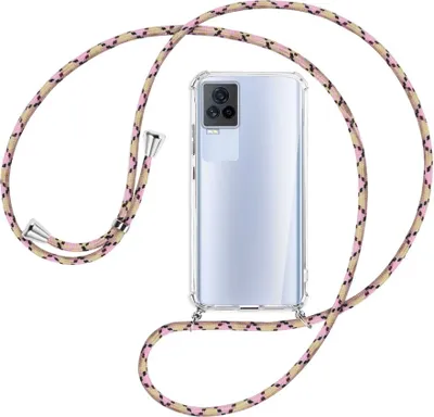 Produktbild von Handykette Backcover-Schutzhülle mit Band (Metall silberfarben) für vivo IQOO 7 - rosa Karo