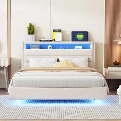 Produktbild von okwish Polsterbett Doppelbett 140 x 200 cm mit USB-Ladeanschluss und LED-Beleuchtung, Funktionelles Stauraumbett mit Kopfteil mit Stauraum(Ohne Matratze)- Grau