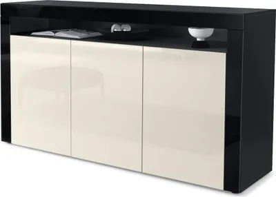Produktbild von Vladon Sideboard Valencia,  Germany, Kommode mit 3 Türen und 1 offenem Fach, Schwarz matt/Creme Hochglanz/Schwarz Hochglanz (155 x 92 x 40 cm)