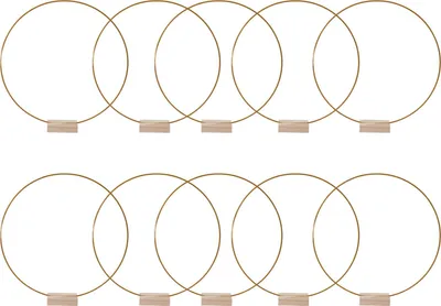 Obrázok produktu pre 10ks kovových kvetinových obručí s 10ks drevených základňových vencov Macrame Hoop Rings pre DIY svadobný stôl Decor Gold