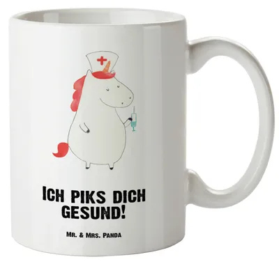 Produktbild von Mr. & Mrs. Panda Pott Einhorn Krankenschwester - Weiß - Geschenk, weisse tasse, Krankenpfleger, Jumbo, Krankenpflegerin, Ärztin, Krankenhaus, steingut, Teebecher, Deko