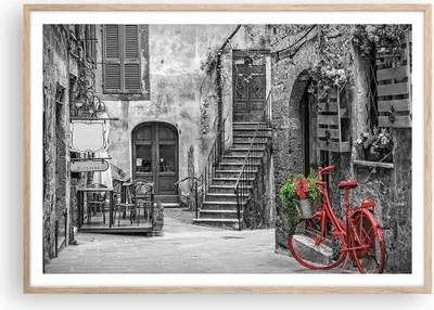 Produktbild von Gerahmtes Poster - Rahmen in heller Eiche - Rot Fahrrad Allee - 100x70 cm - Wand Bild - Wanddeko - Wandbilder - Kunstposter - Wandposter - Bilderrahmen - Bilder - Kunstdruck - P2NAA100x70-4410