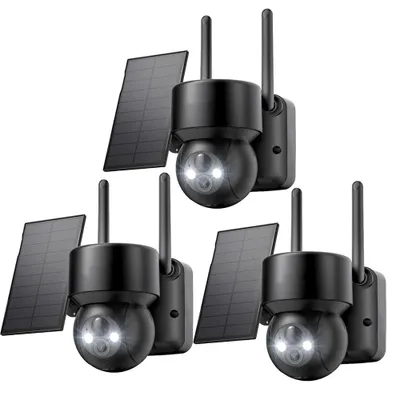 Image de 3 pièces caméra de surveillance extérieure batterie solaire caméra 2K surveillance extérieure WLAN extérieur sans fil 360 degrés PTZ PIR détecteur de mouvement vision nocturne couleur