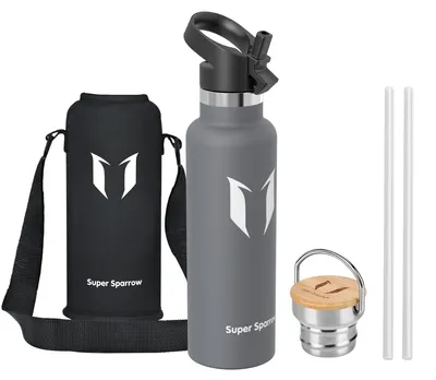Produktbild von Super Sparrow Trinkflasche Edelstahl - 620ml - Auslaufsicher Thermoskanne, BPA-Frei Wasserflasche - Thermosflasche Kinder für Sprudel, Sport, Schule, Fitness - Mit 2 Deckeln