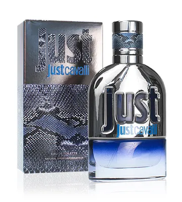 A bottle of Roberto Cavalli Just Cavalli Him 2013 Eau de Toilette and its packaging are displayed against a white background.