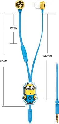 A pair of blue in-ear headphones with yellow Minion-themed earpieces and a Minion character charm.