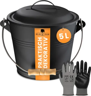 Produktbild von BLACK OAK Ascheeimer PITON 5L – Schwarz mit Deckel, Holz-Griff & Handschuhen – feuerfest