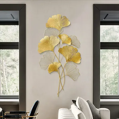 Obrázek produktu pro Nástěnná dekorace Ginkgo 3D kovová nástěnná malba Listy Nástěnná dekorace Zlatá 110x55 cm