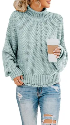 Immagine prodotto di Elzusha - Maglione oversize da donna - Maglione in maglia - Maniche lunghe - Colletto alto - Tessuto traspirante - Vestibilità ampia