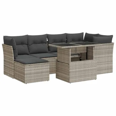 Produktbild von vidaXL 7-tlg. Garten-Sofagarnitur mit Kissen Hellgrau Poly Rattan