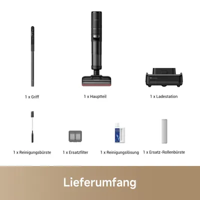A flat lay of vacuum cleaner parts and accessories, with German text labels.