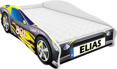 A child's bed designed to look like a race car.