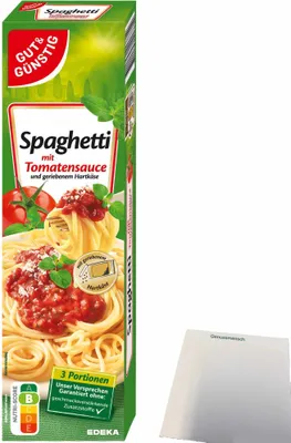 Produktbild von Gut & Günstig Spaghetti mit Tomatensauce und geriebenem Hartkäse (397g Packung) + usy Block