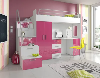 Produktbild von Etagenbett Hochbett mit Schreibtisch Alice Hochglanz weiss - rosa