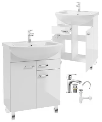 Produktbild von Badezimmerschrank mit Waschbecken auf Beinen 85x65 stehend weiß Mea mit länglichem Chromhahn