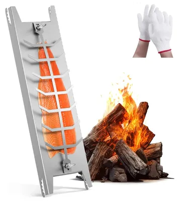 Produktbild von Flammlachsbrett Halter - 180° schwenkbar - Extra lang 59,5 cm - Halterung aus Edelstahl - Für Feuerschalen und Grills - Silber