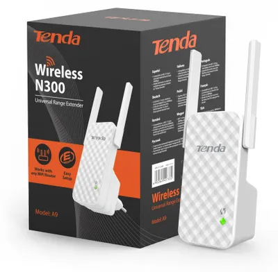 Immagine prodotto di Ripetitore amplificatore WLAN Tenda A9 (300 Mbit/s, 2 antenne esterne, WPS, LED disattivabile, compatibile con tutti i dispositivi WLAN) bianco