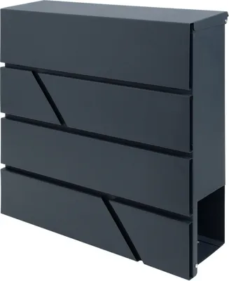A dark gray mailbox with a modern, angular design.